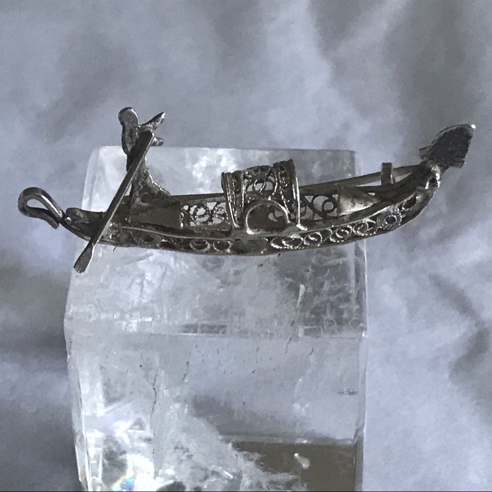Silver Venice Gondola Filagree Boat Italy Brooch